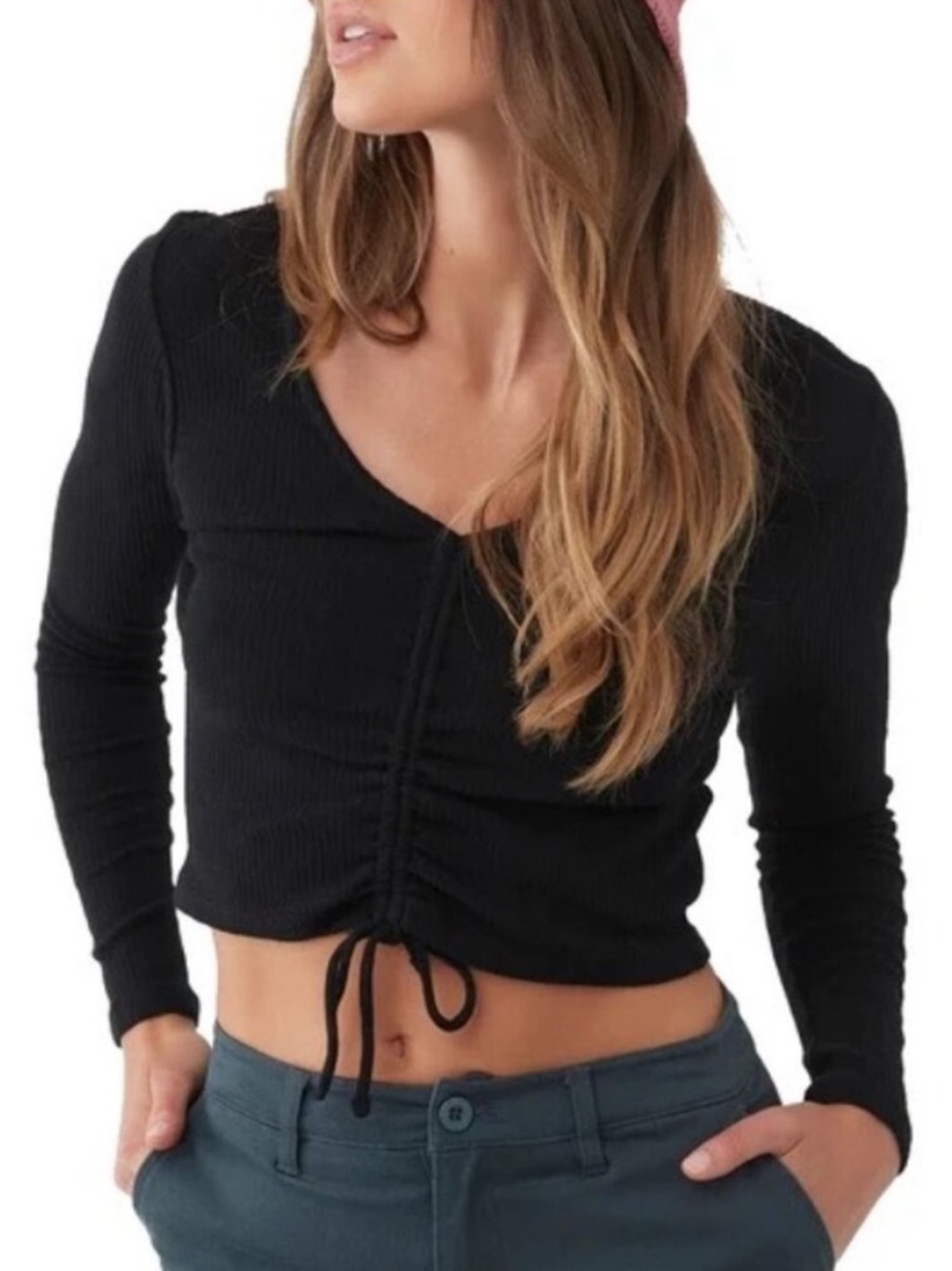 O'Neill Leanne Black Ribbed V-Neck Ruched Drawstring Crop Top